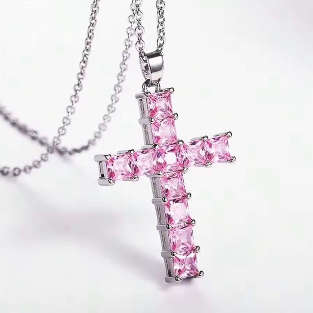 Pink & Silver Rhinestone Cross Necklace